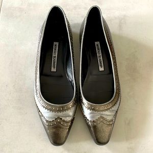 Silver, metallic Manolo Blahnik flats. European size 37.